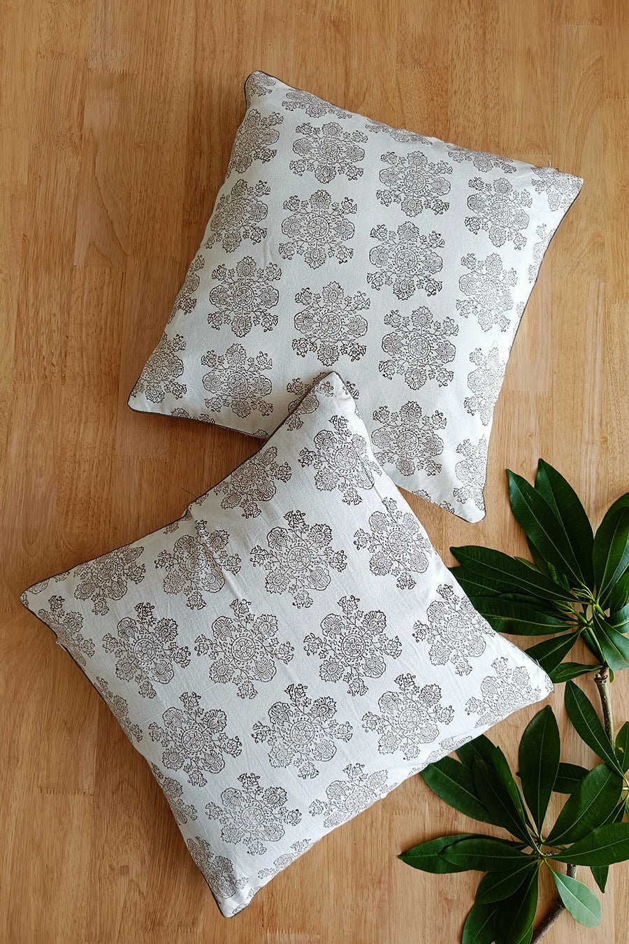 'Floral Lines' Hand Printed Cotton Cushion Set Of Two - SootiSyahi