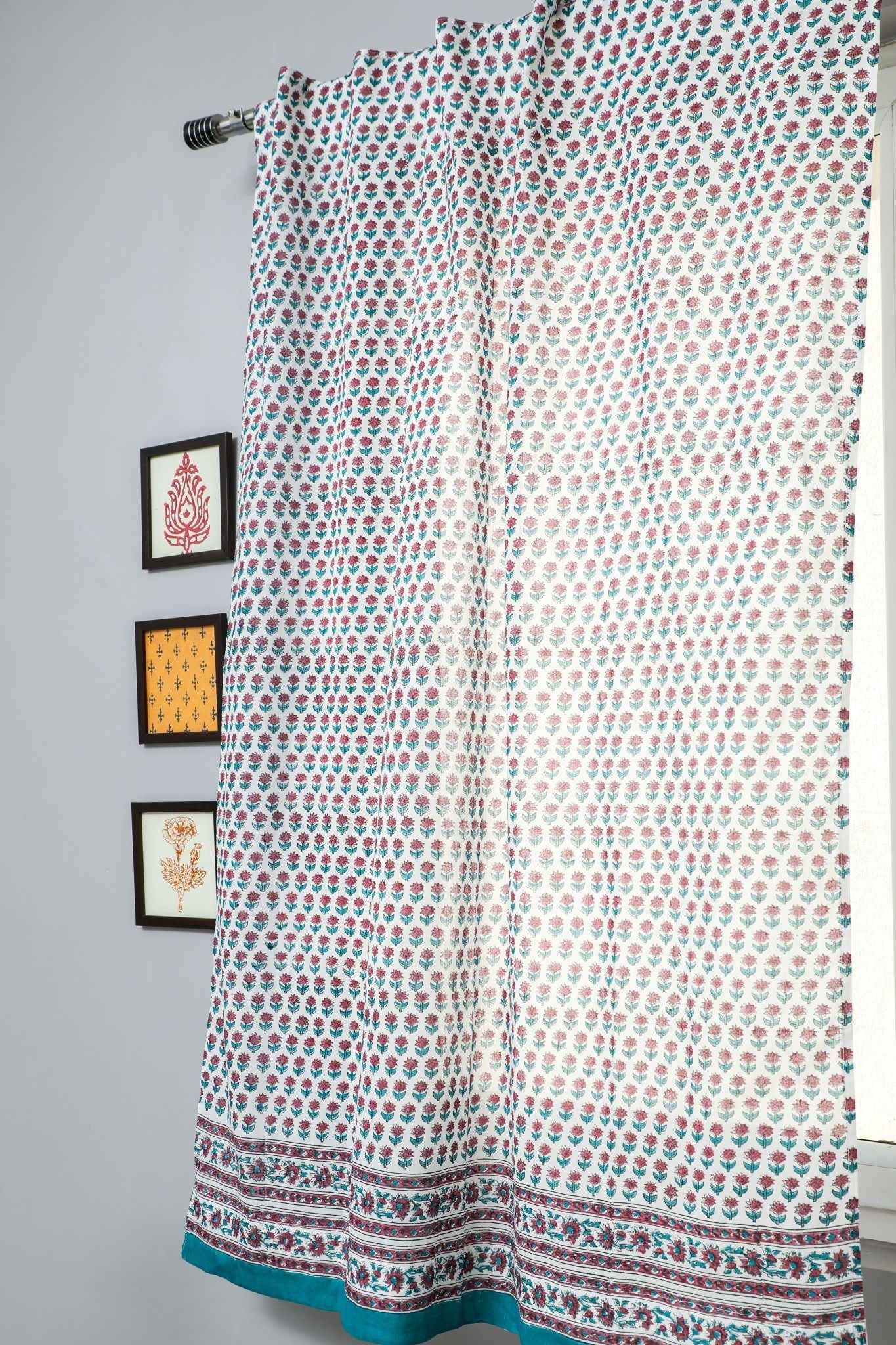 'Florel Sprouts' Handblock Printed Cotton Window Curtain - SootiSyahi