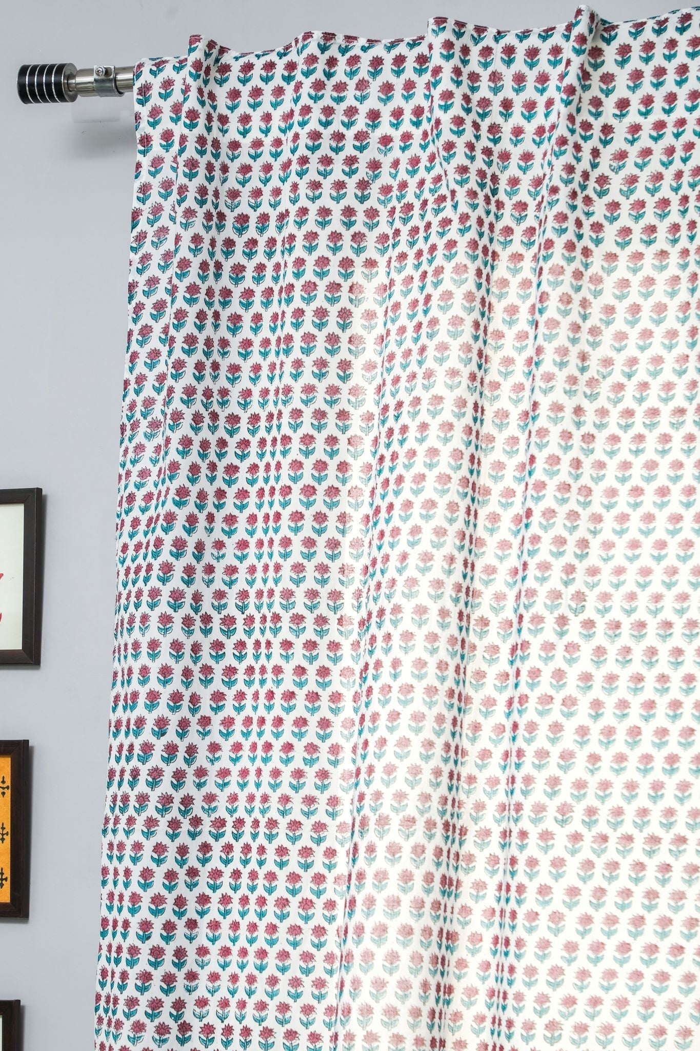 'Florel Sprouts' Handblock Printed Cotton Window Curtain - SootiSyahi