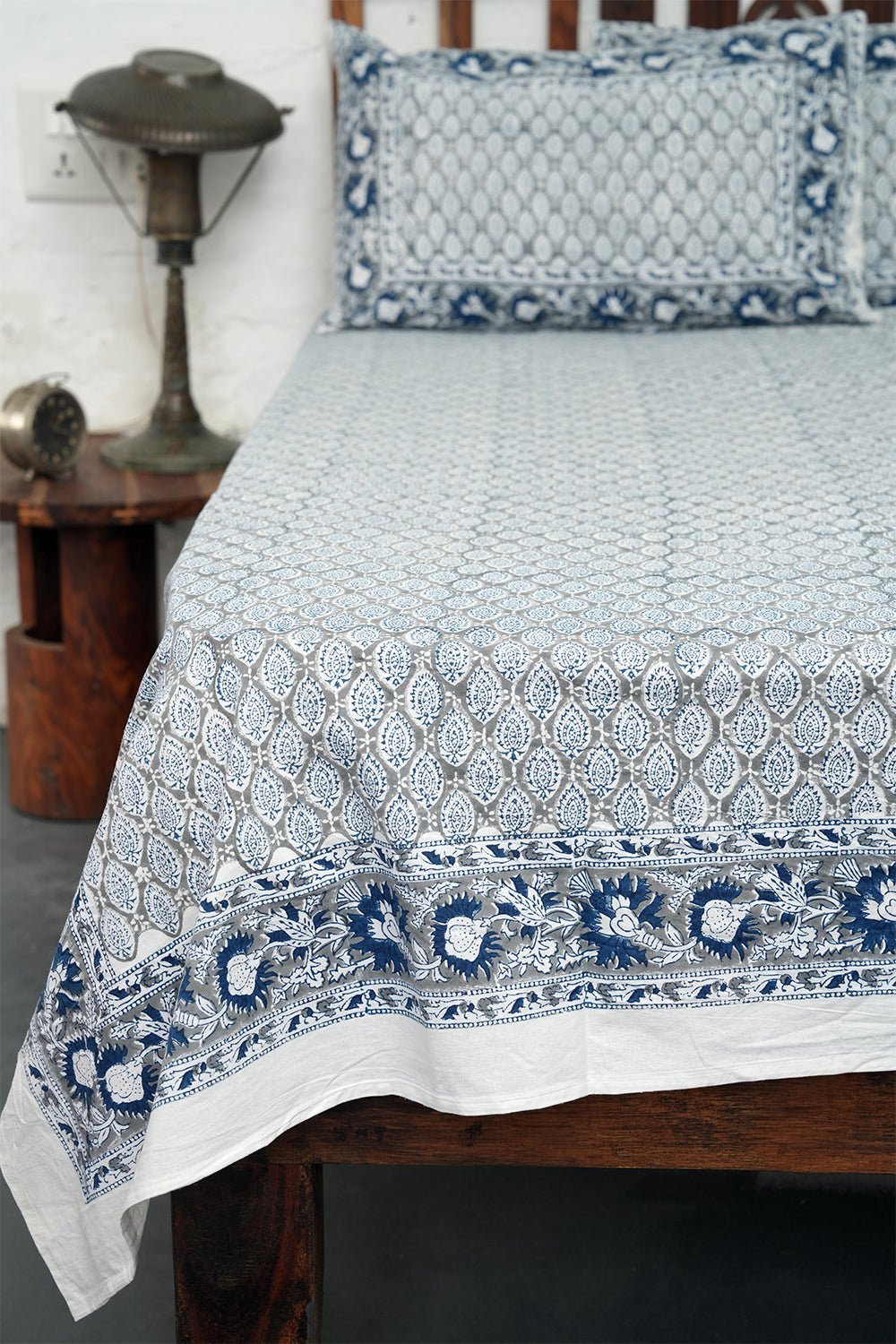 Foggy Daze Block Printed Bedsheet - SootiSyahi