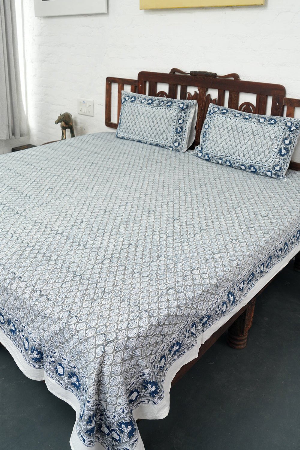 Foggy Daze Block Printed Bedsheet - SootiSyahi