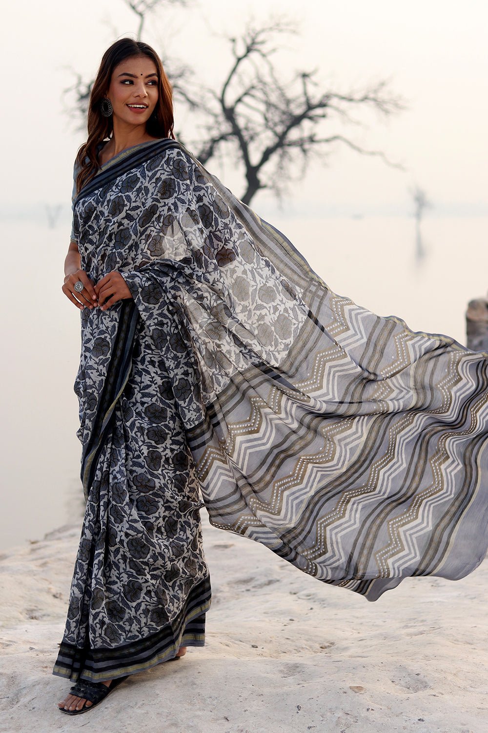 Foggy Daze Handblock Printed Chanderi Saree - SootiSyahi