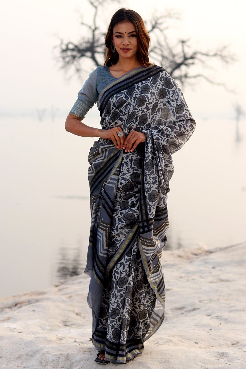Foggy Daze Handblock Printed Chanderi Saree - SootiSyahi