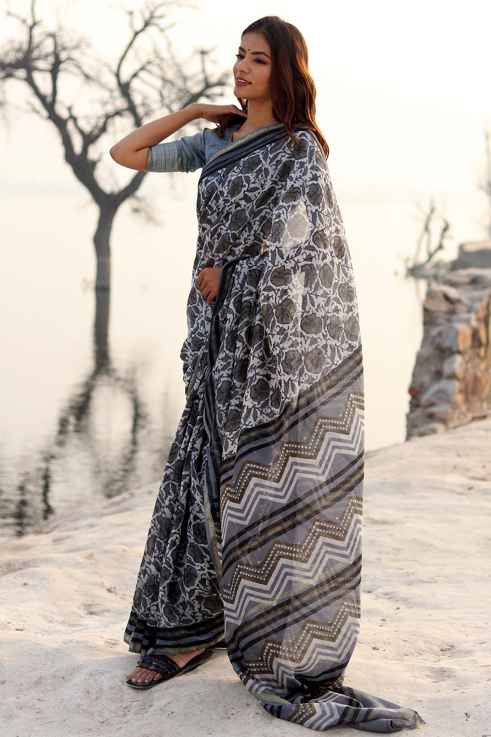 Foggy Daze Handblock Printed Chanderi Saree - SootiSyahi