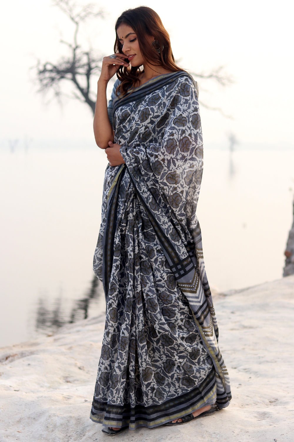 Foggy Daze Handblock Printed Chanderi Saree - SootiSyahi