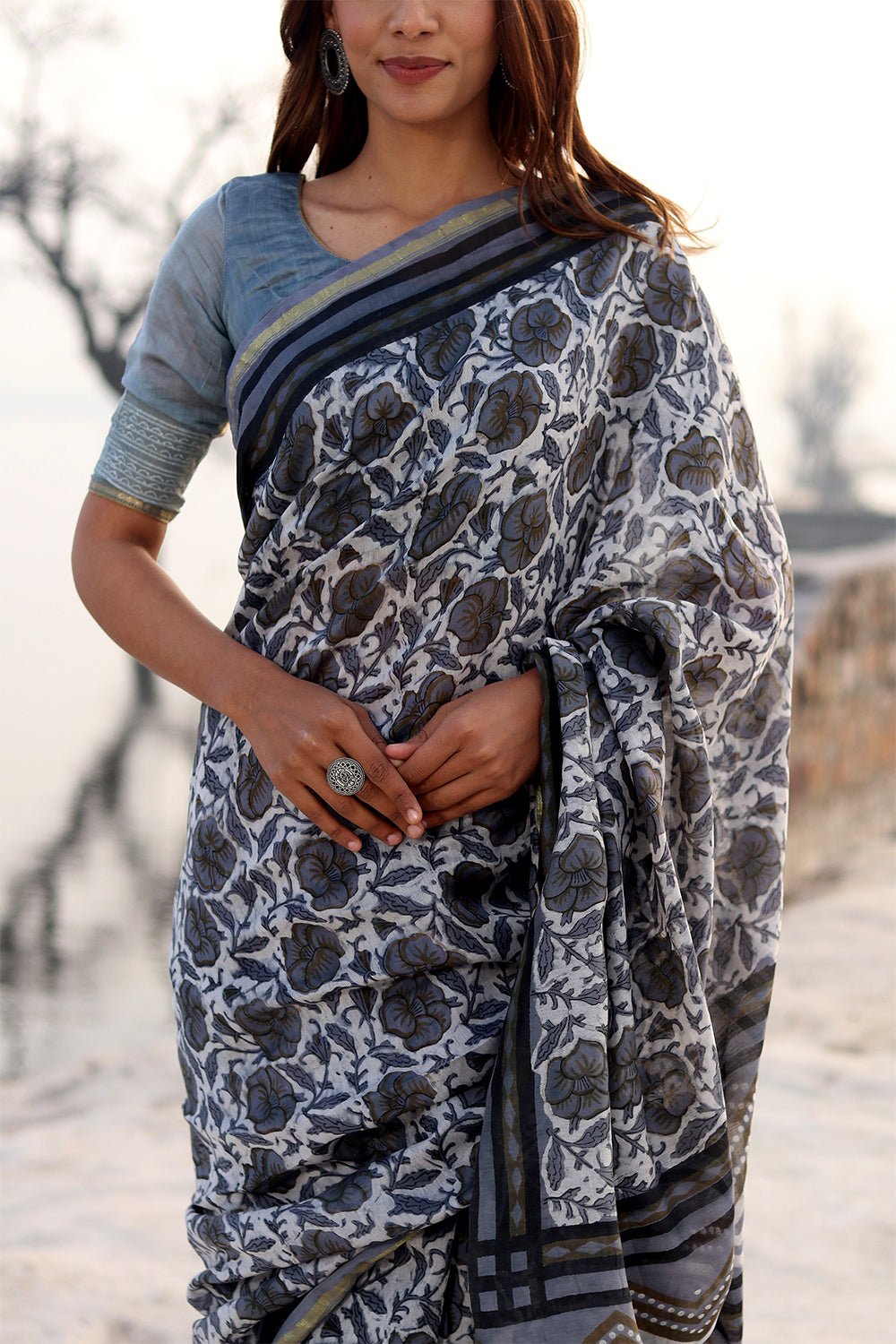 Foggy Daze Handblock Printed Chanderi Saree - SootiSyahi