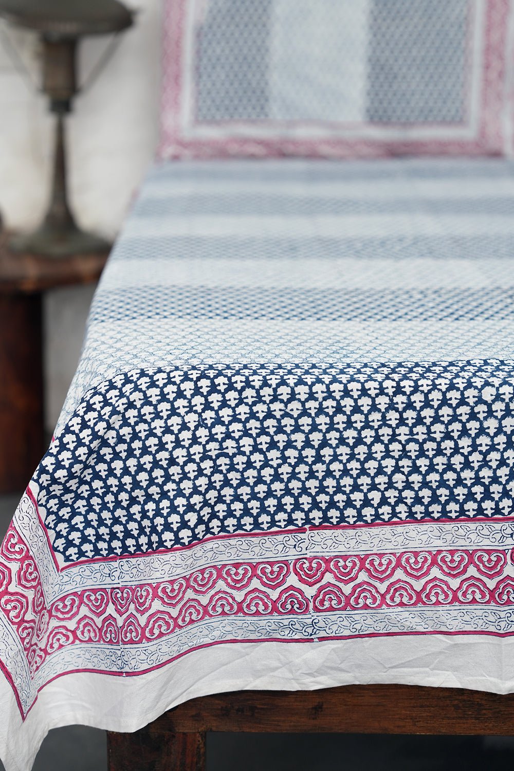 Frosty Blue Rose Hand-Block Printed Bedsheet - SootiSyahi