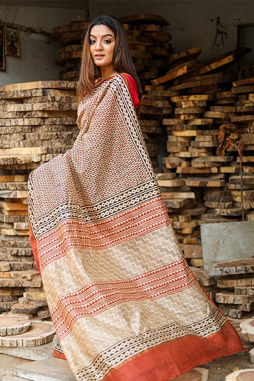 "GAVOTTE" BAGRU HANDBLOCKPRINT CHANDERI SILK SAREE - SootiSyahi