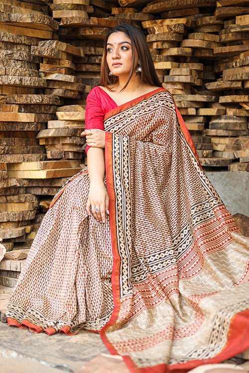 "GAVOTTE" BAGRU HANDBLOCKPRINT CHANDERI SILK SAREE - SootiSyahi