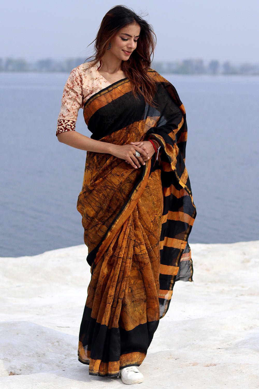 "Ginger Rush" Batik Chanderi Saree - SootiSyahi