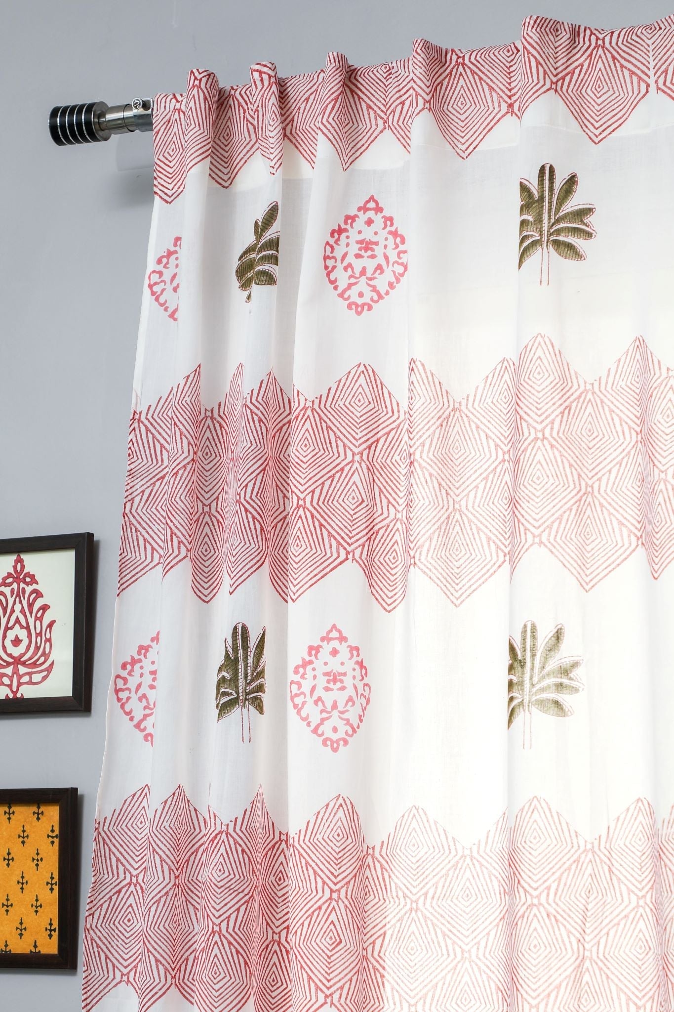'Gleaming Zigzags' Handblock Printed Cotton Window Curtain - SootiSyahi