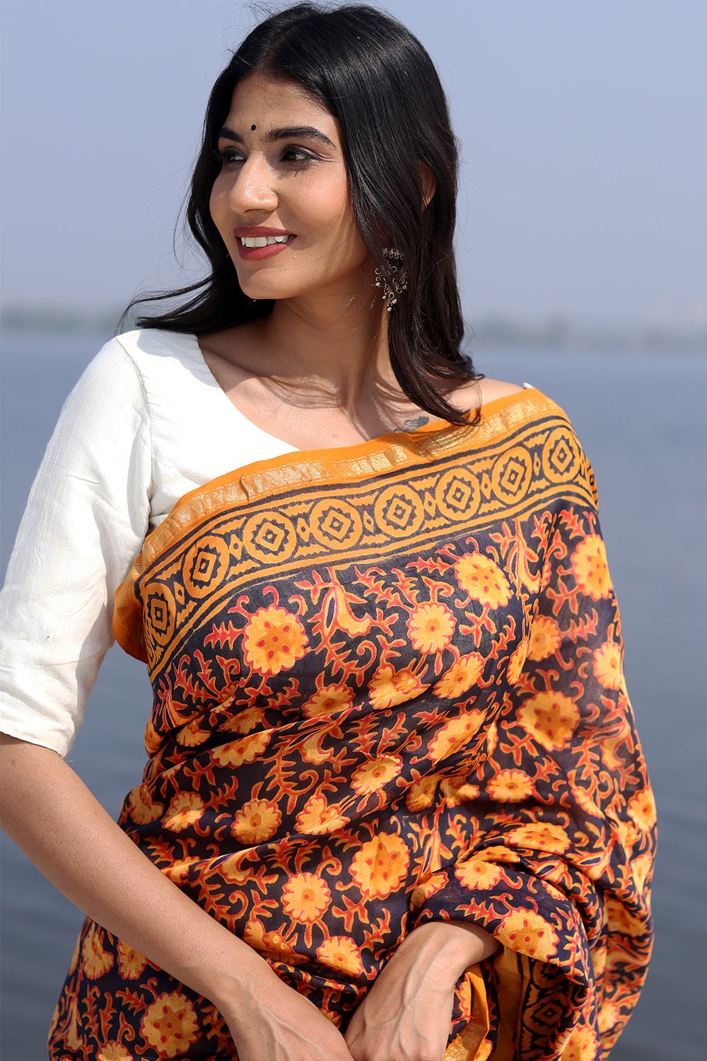 Glow of Autum Handblock Printed Chanderi Saree - SootiSyahi
