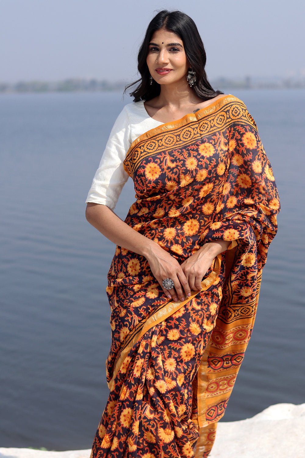 Glow of Autum Handblock Printed Chanderi Saree - SootiSyahi