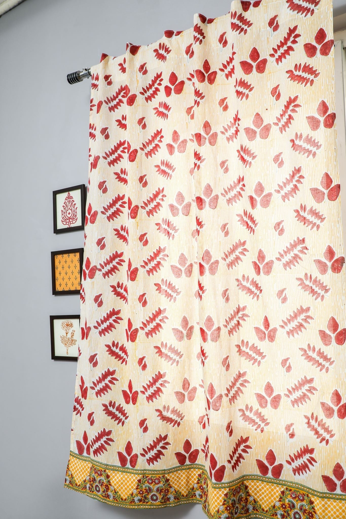 'Glow of Autum' Handblock Printed Cotton Window Curtain - SootiSyahi
