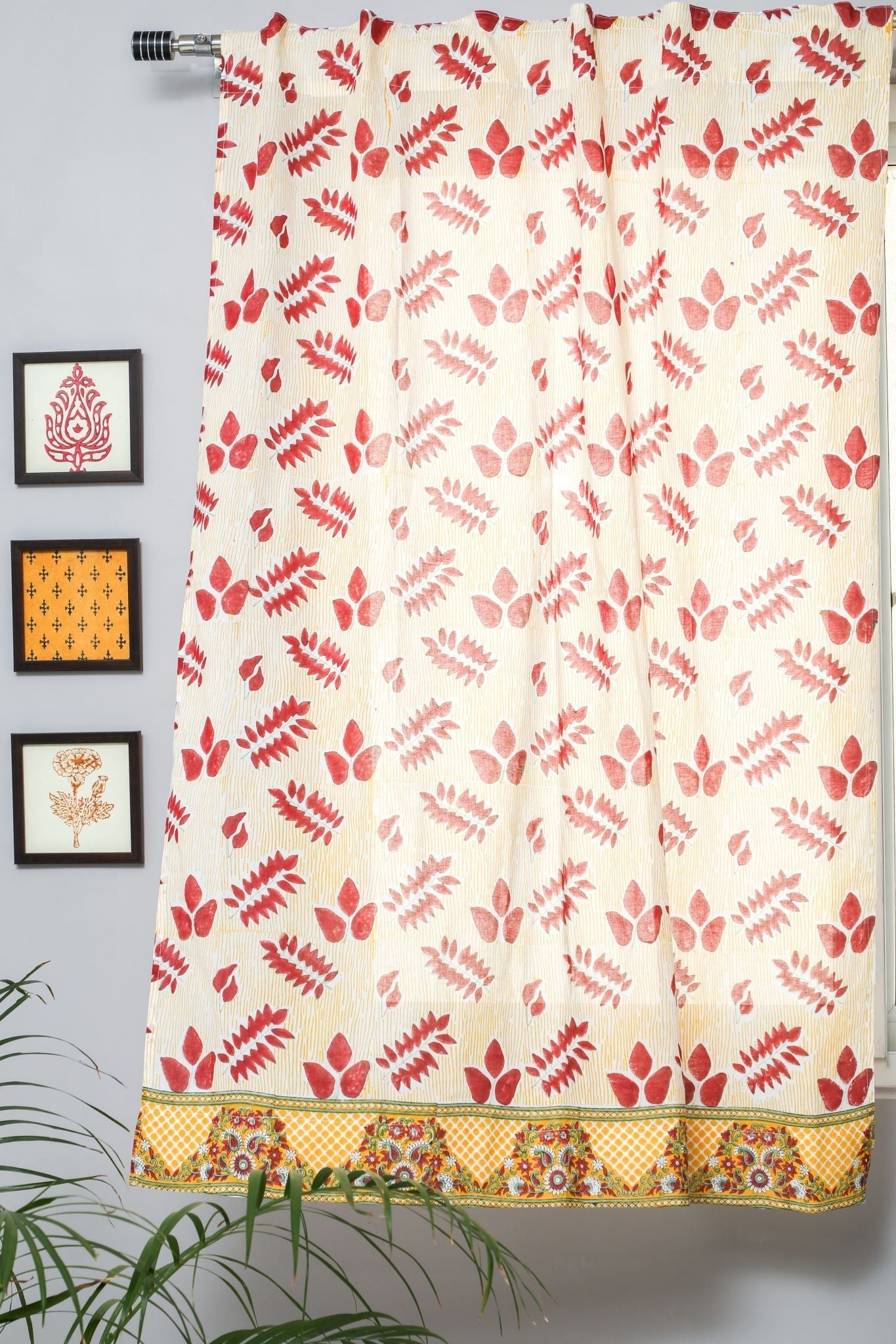 'Glow of Autum' Handblock Printed Cotton Window Curtain - SootiSyahi