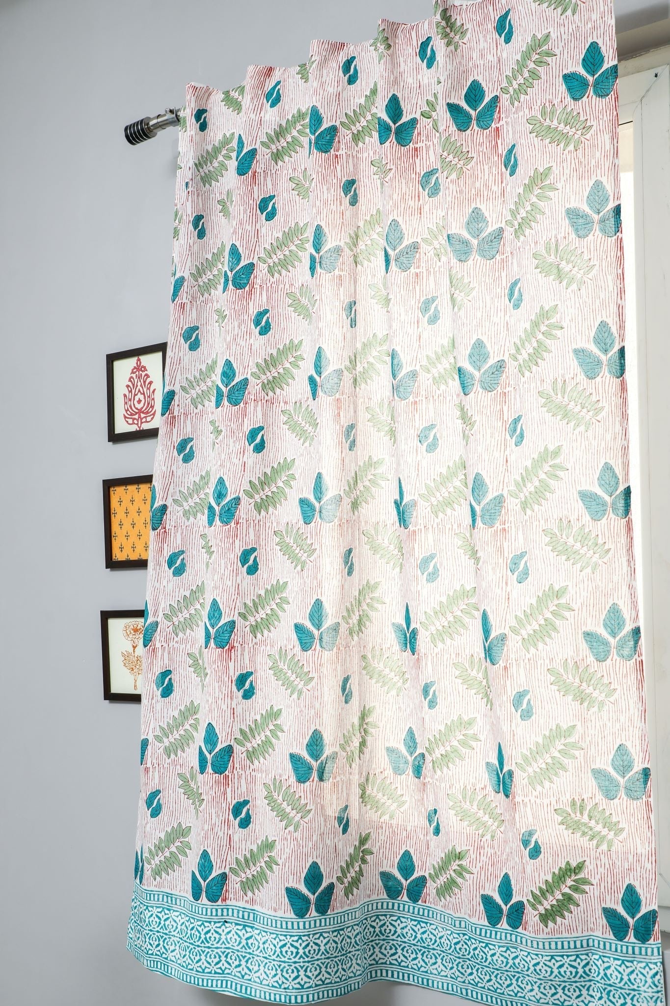 'Glow of Garden' Handblock Printed Cotton Window Curtain - SootiSyahi