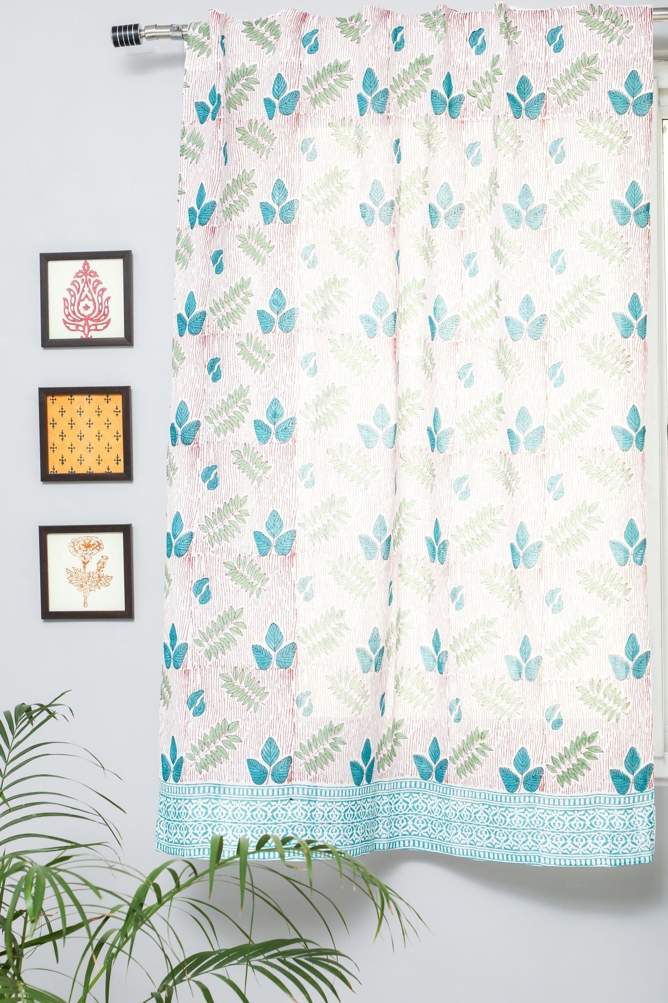 'Glow of Garden' Handblock Printed Cotton Window Curtain - SootiSyahi