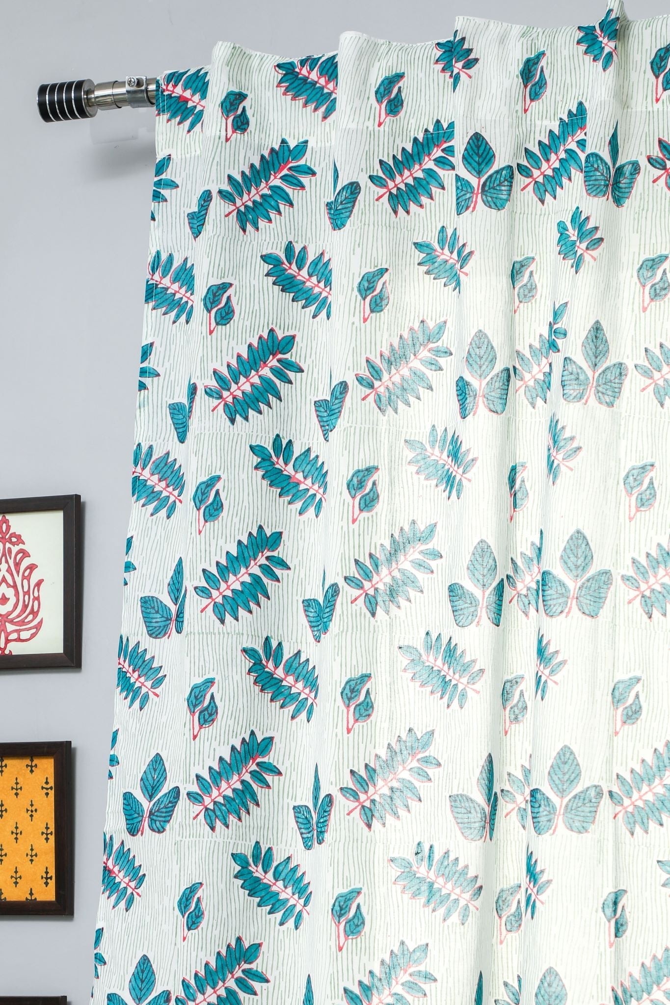 'Glow of Leaves' Handblock Printed Cotton Window Curtain - SootiSyahi