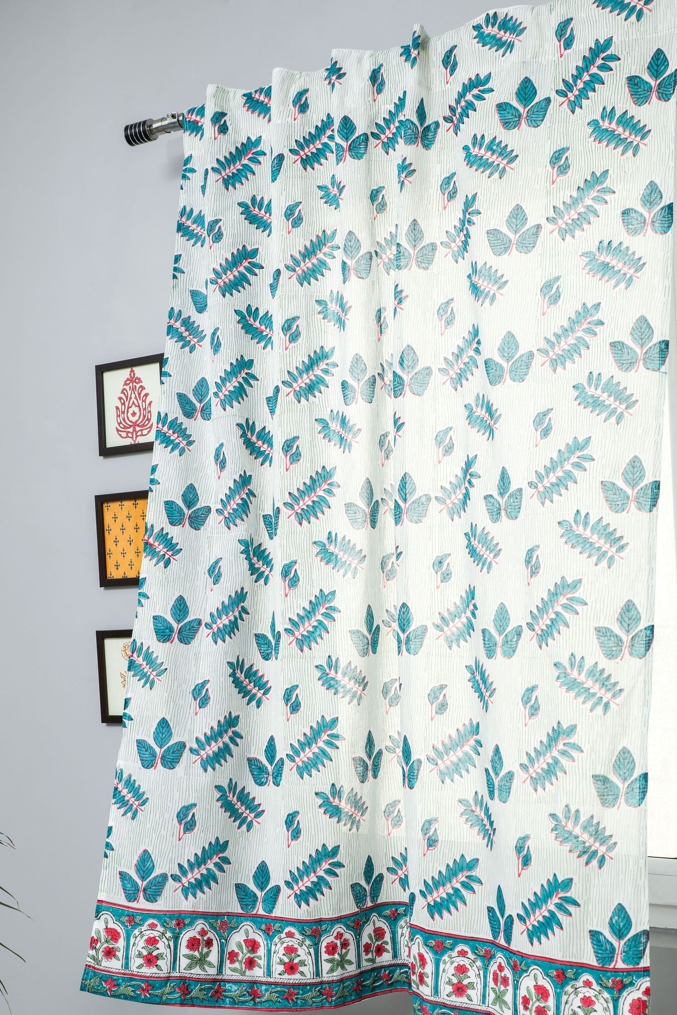 'Glow of Leaves' Handblock Printed Cotton Window Curtain - SootiSyahi