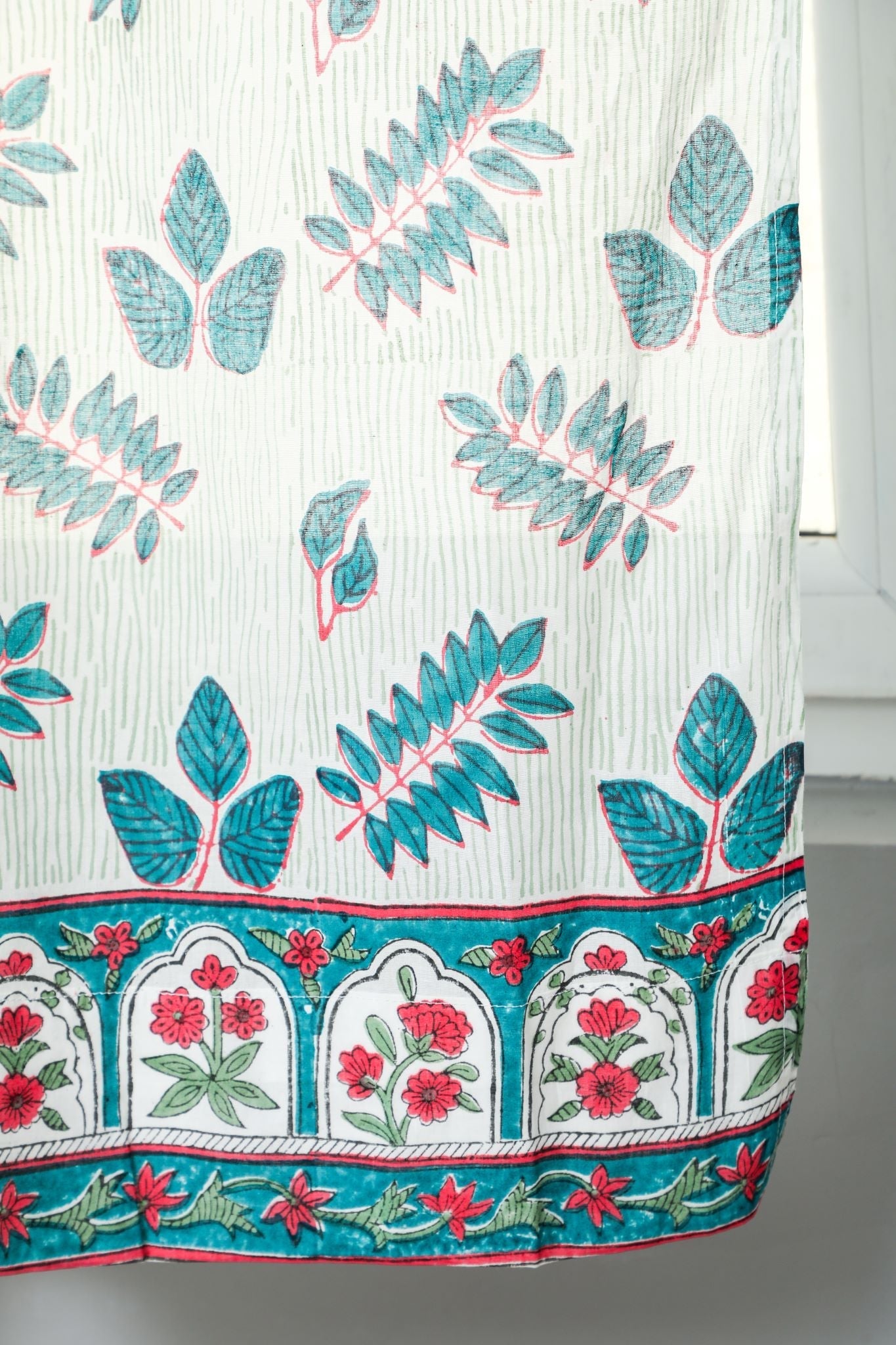 'Glow of Leaves' Handblock Printed Cotton Window Curtain - SootiSyahi