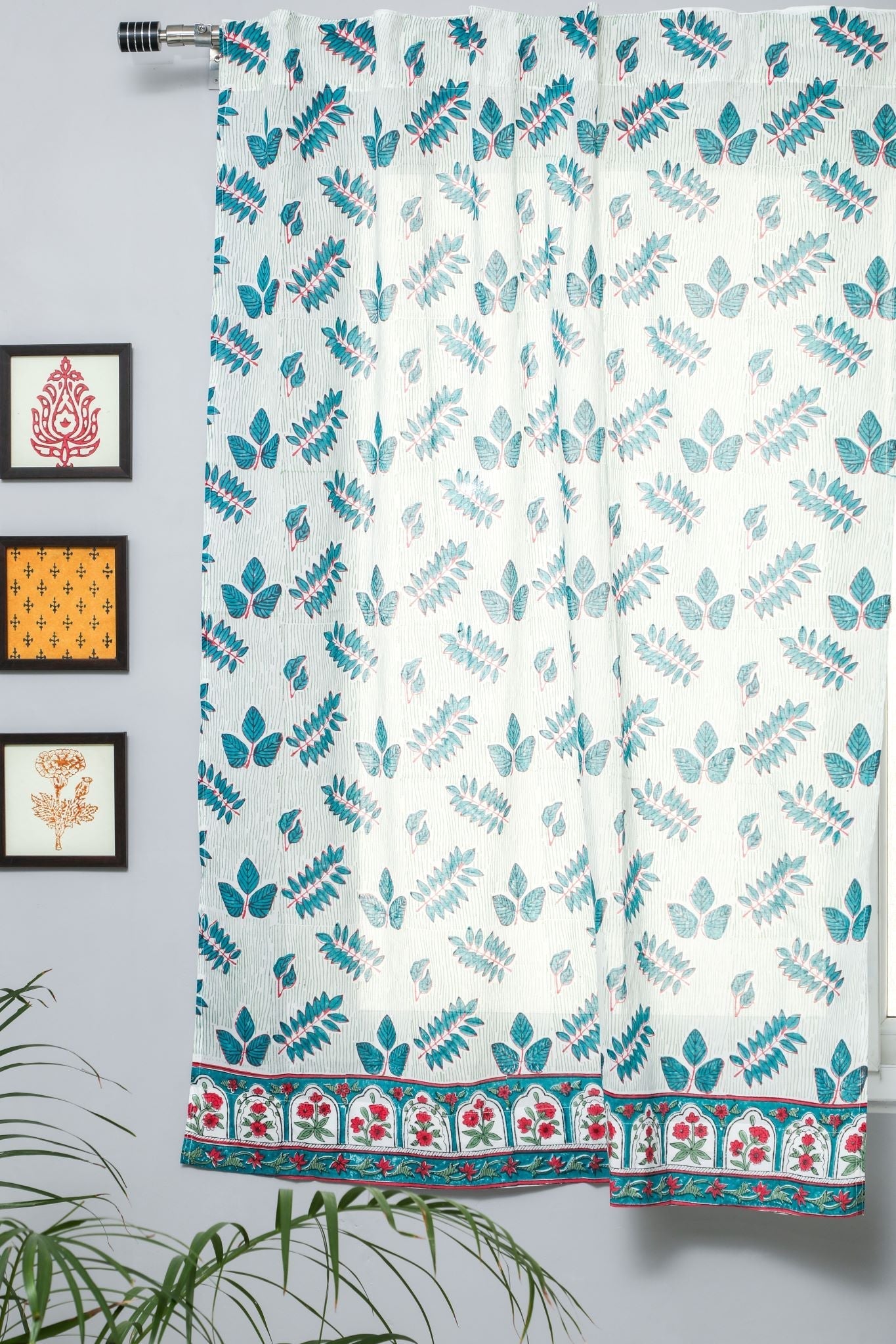 'Glow of Leaves' Handblock Printed Cotton Window Curtain - SootiSyahi