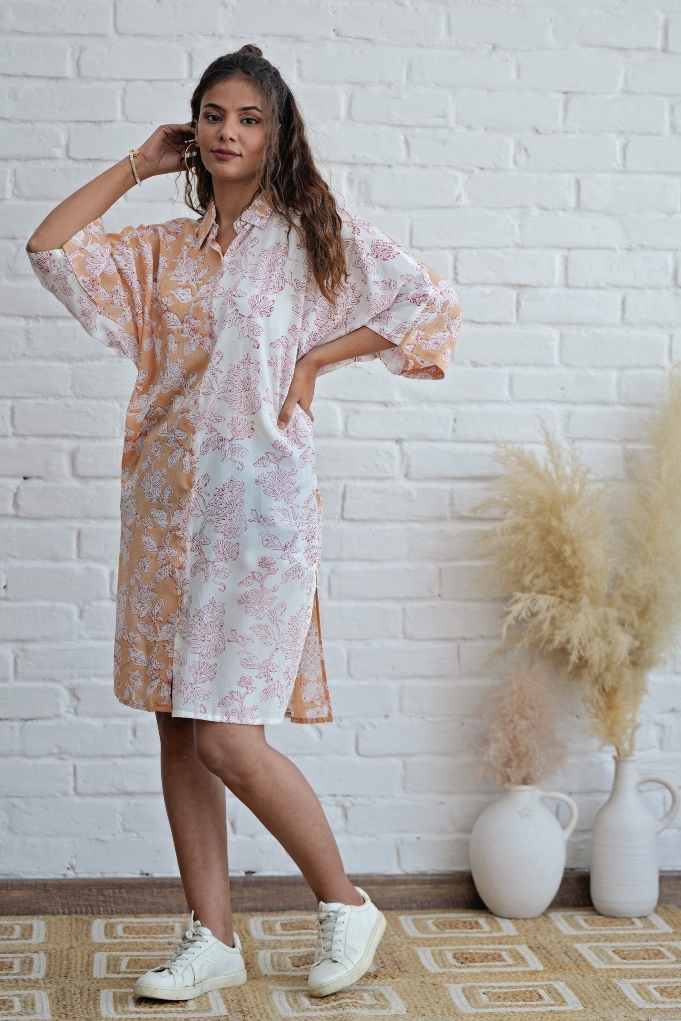 Grace in Peach Hand Block Printed Oversize Shirt - SootiSyahi