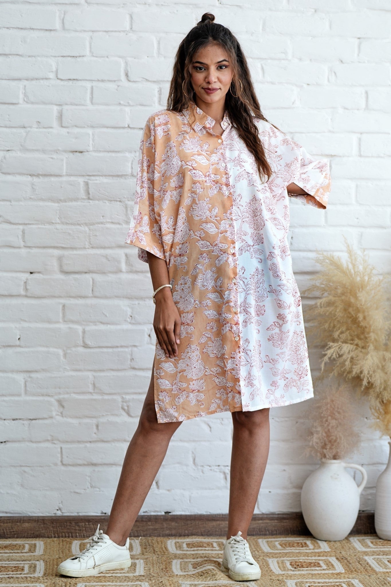 Grace in Peach Hand Block Printed Oversize Shirt - SootiSyahi