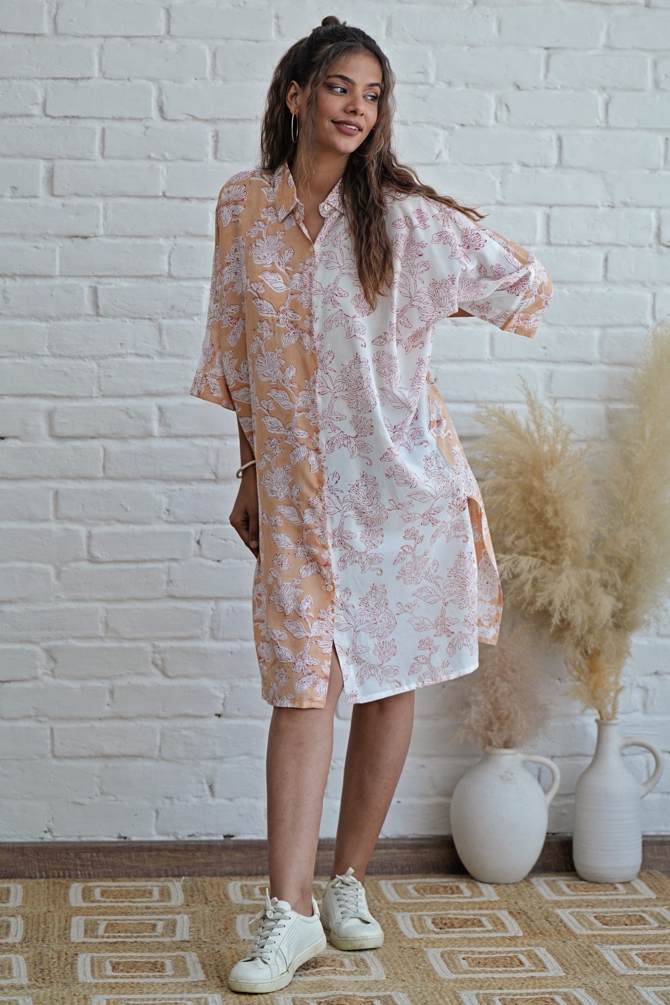 Grace in Peach Hand Block Printed Oversize Shirt - SootiSyahi