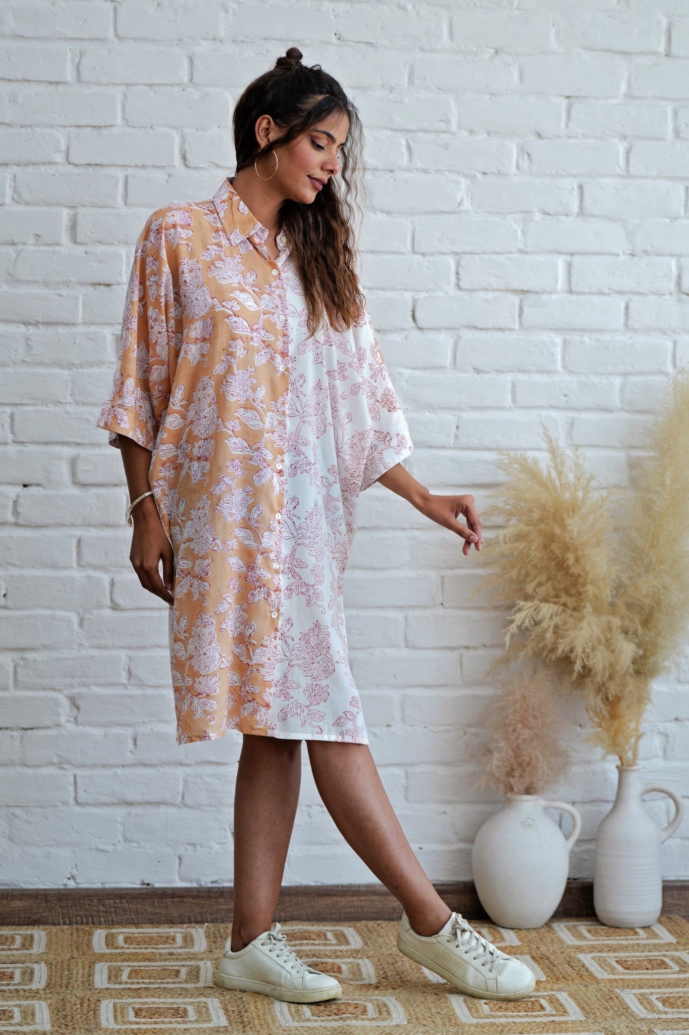 Grace in Peach Hand Block Printed Oversize Shirt - SootiSyahi