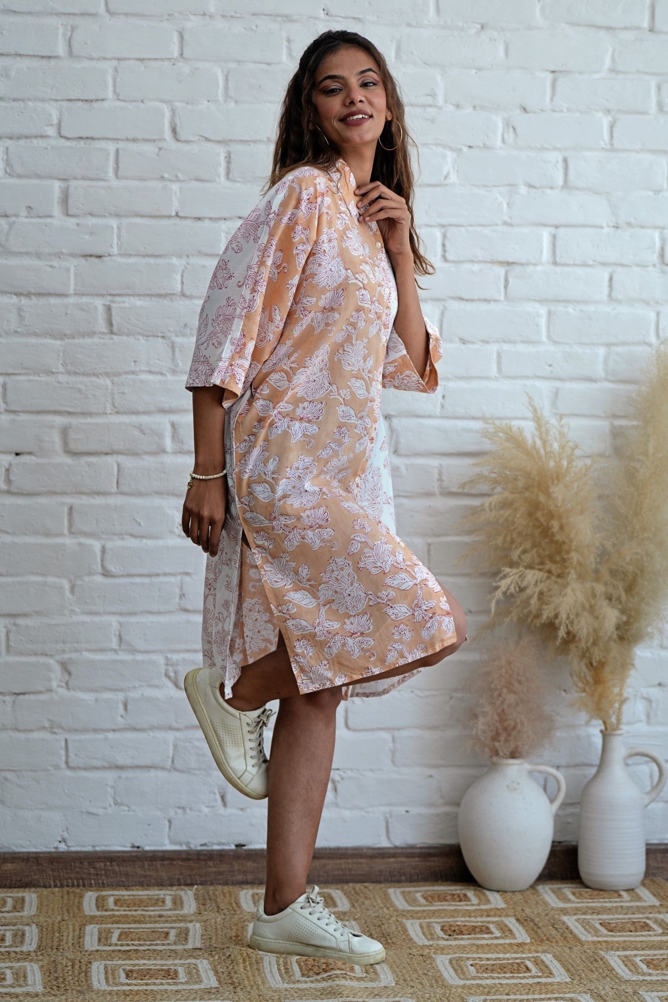 Grace in Peach Hand Block Printed Oversize Shirt - SootiSyahi