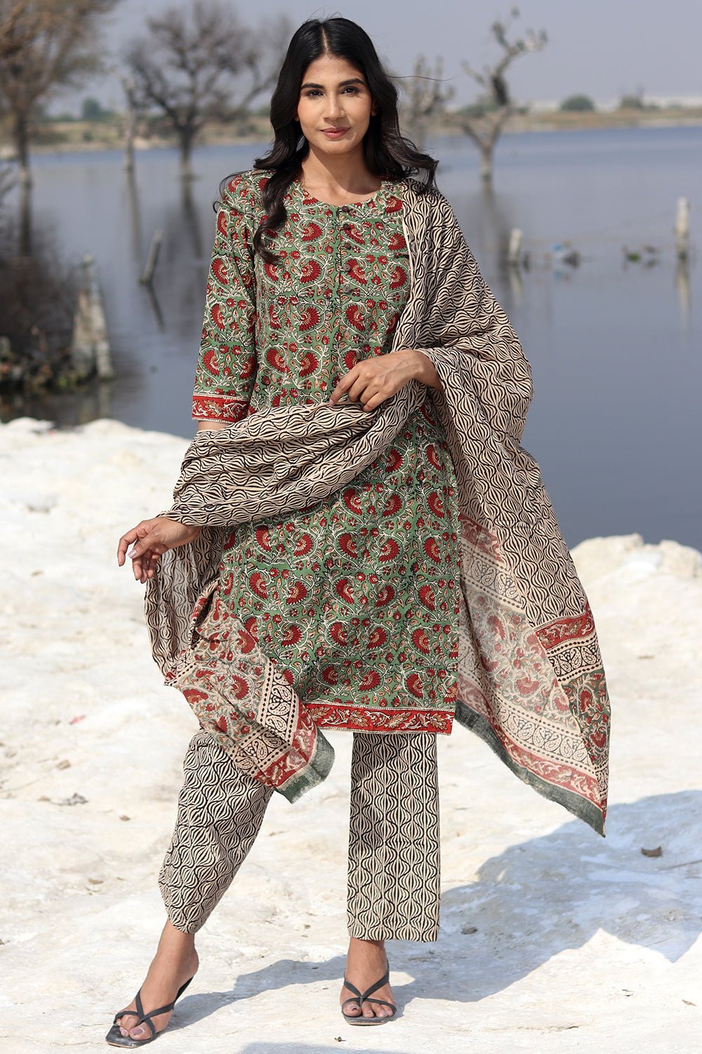 GRADIENT HEART BLOSSOM Block Printed Salwar Suit Set - SootiSyahi