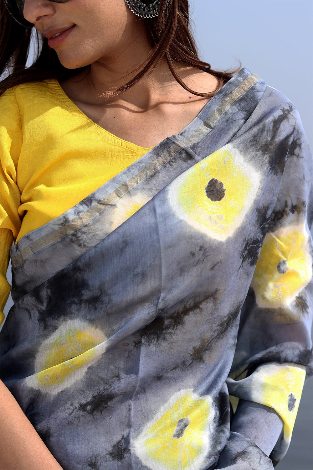 "Gray Martini" Bandhni Chanderi Saree - SootiSyahi