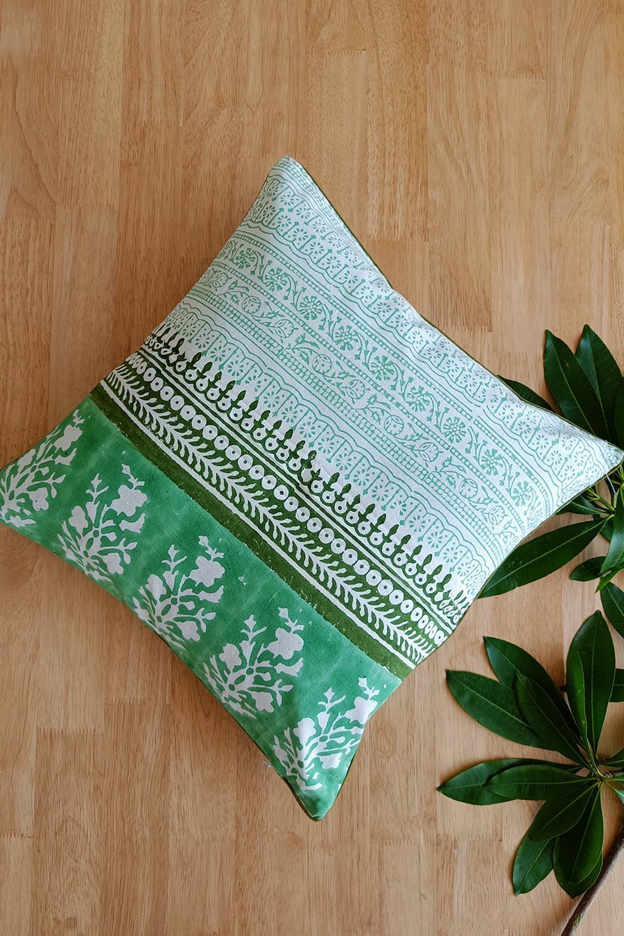 'Green Leaves' Hand Printed Cotton Cushion Set Of Two - SootiSyahi