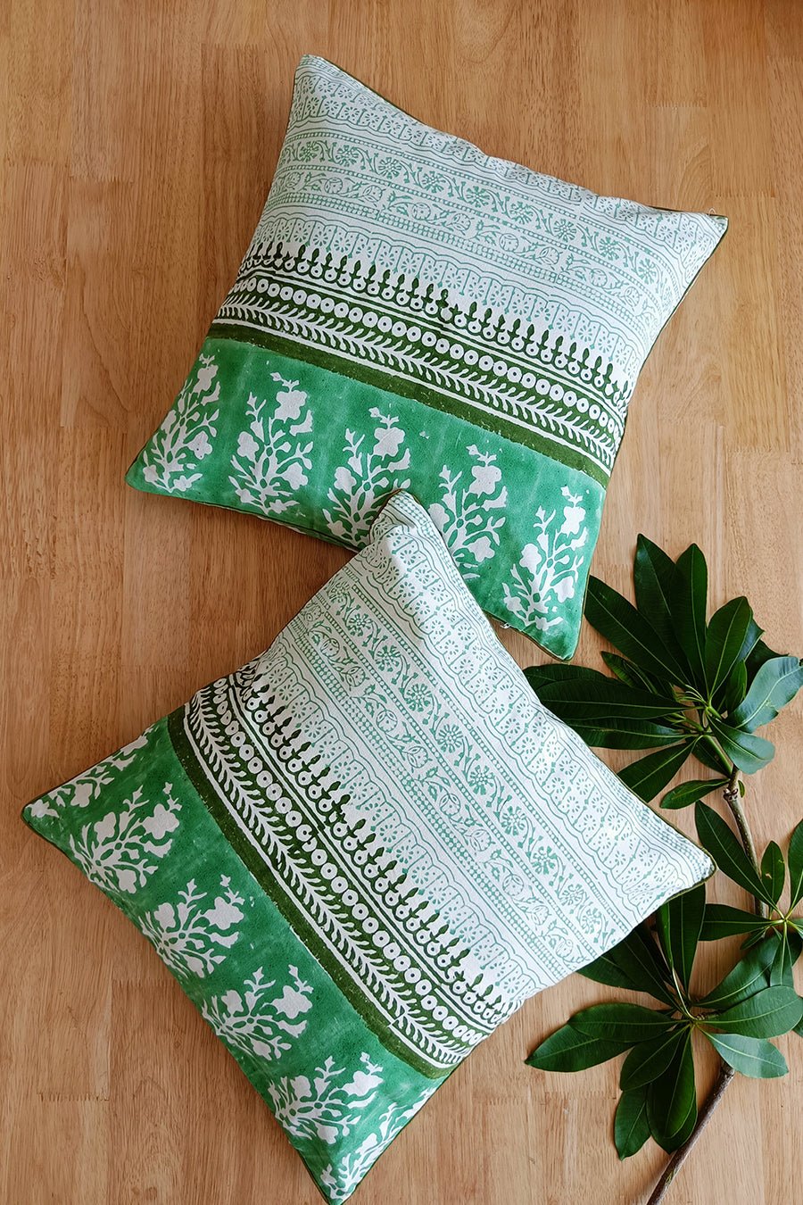 'Green Leaves' Hand Printed Cotton Cushion Set Of Two - SootiSyahi