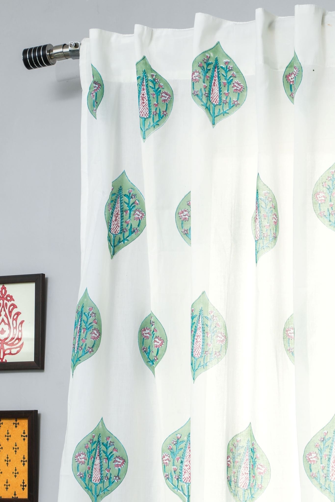 'Green Palm' Handblock Printed Cotton Window Curtain - SootiSyahi