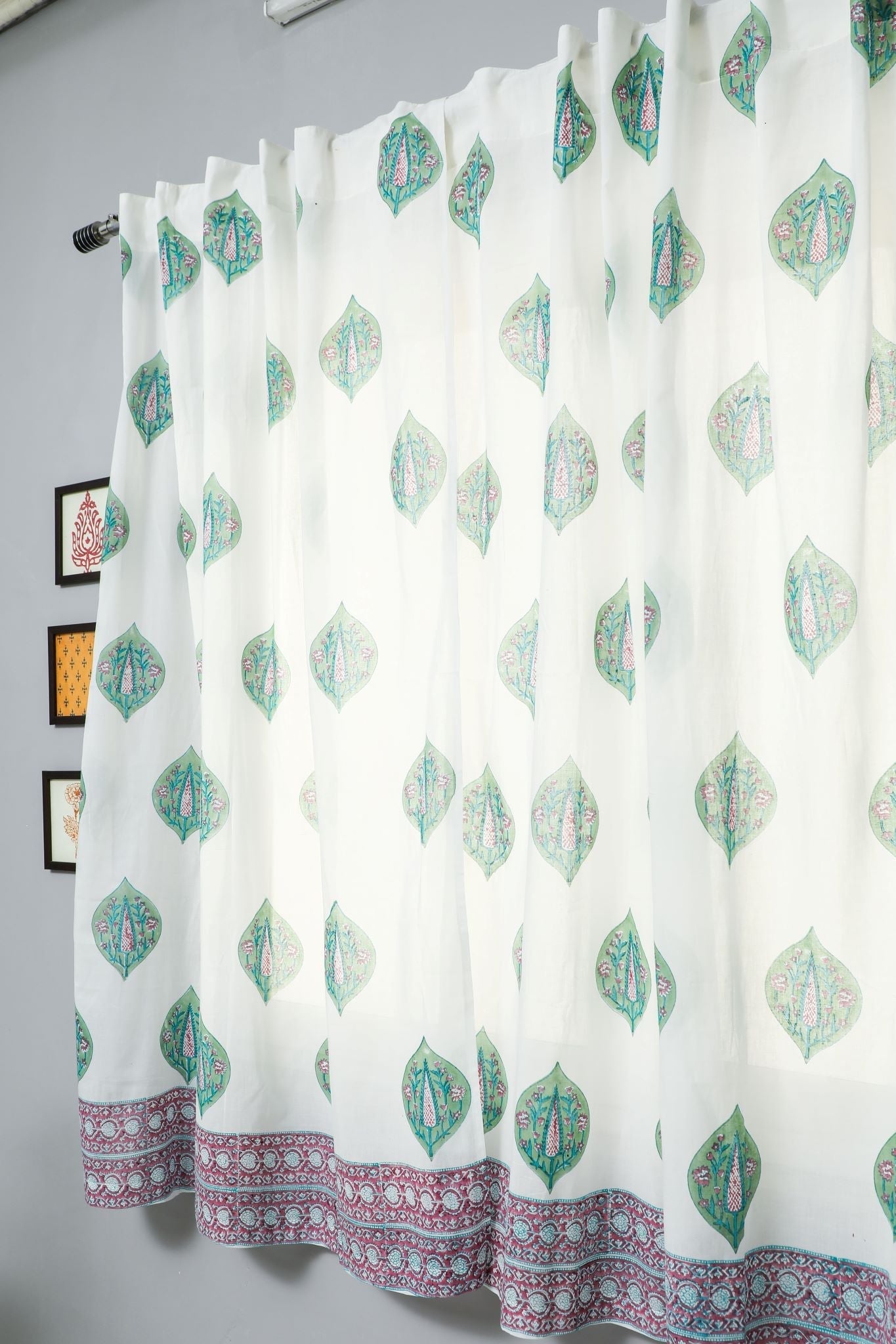 'Green Palm' Handblock Printed Cotton Window Curtain - SootiSyahi