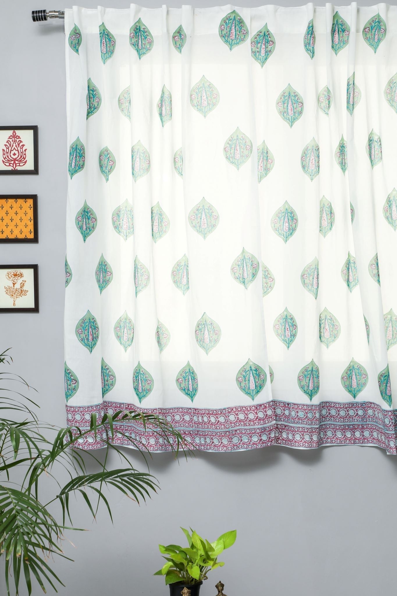 'Green Palm' Handblock Printed Cotton Window Curtain - SootiSyahi