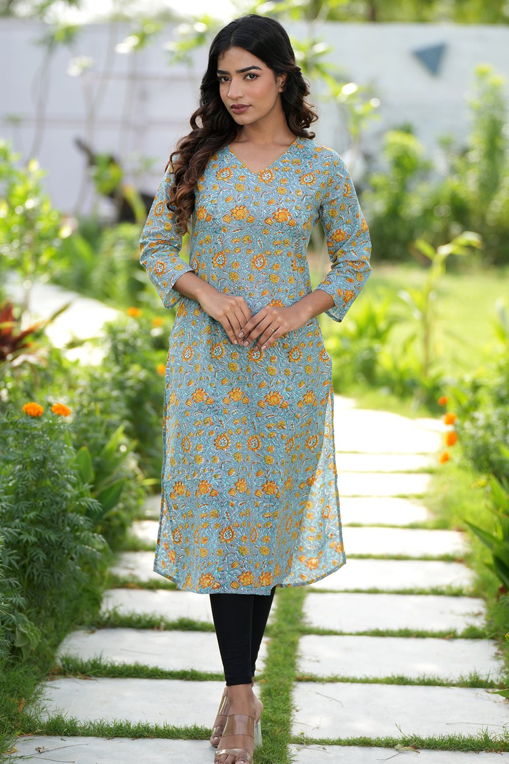 Greyed Saffron Handblock Printed Cotton Kurti - SootiSyahi