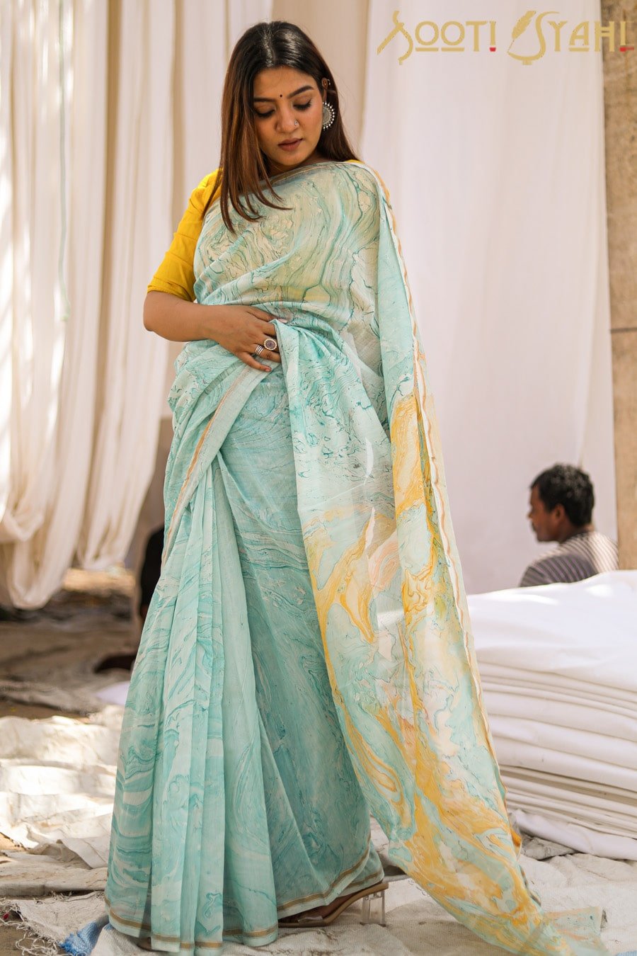 "HALCYAN" MARBLE PRINT CHANDERI SILK SAREE - SootiSyahi