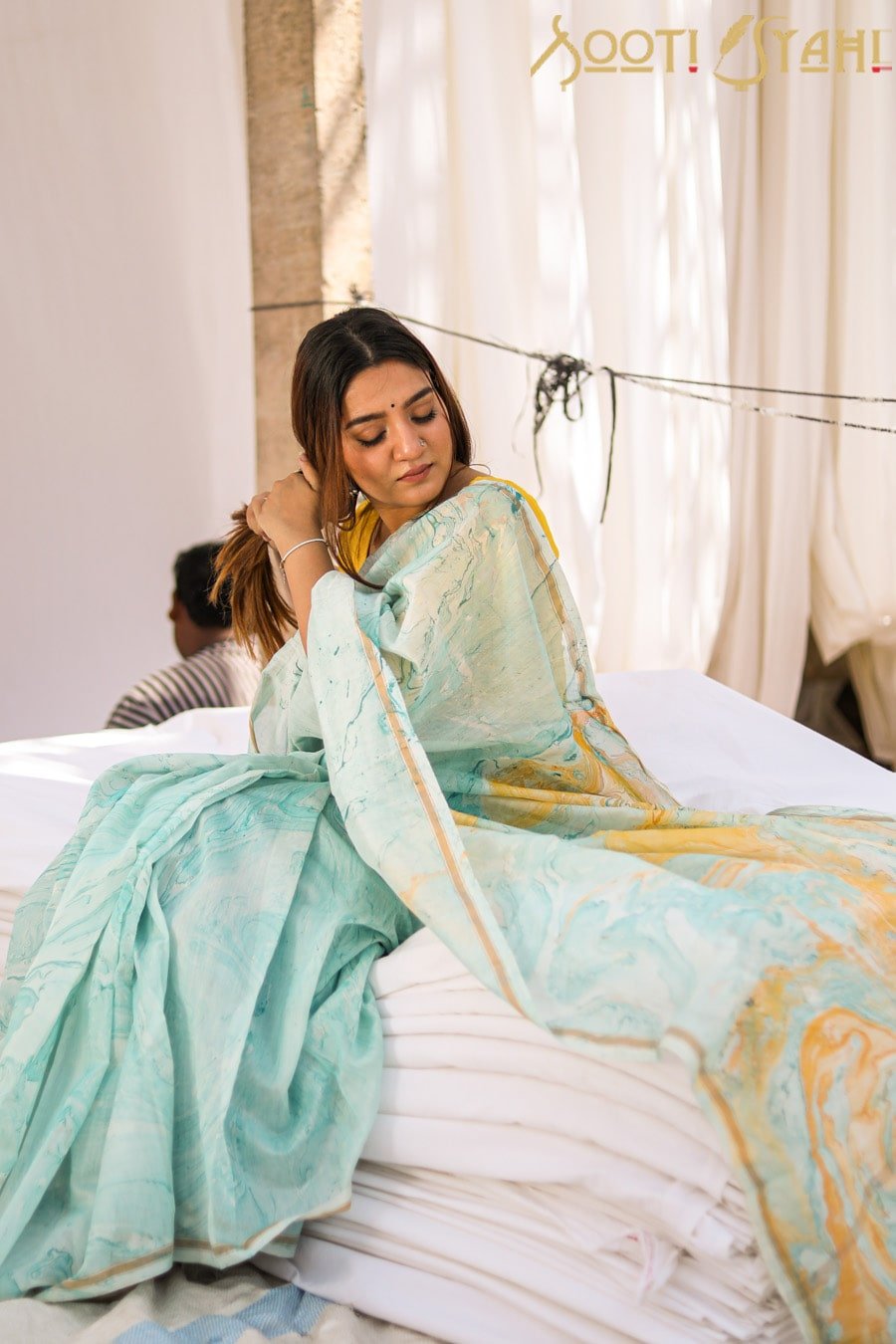 "HALCYAN" MARBLE PRINT CHANDERI SILK SAREE - SootiSyahi