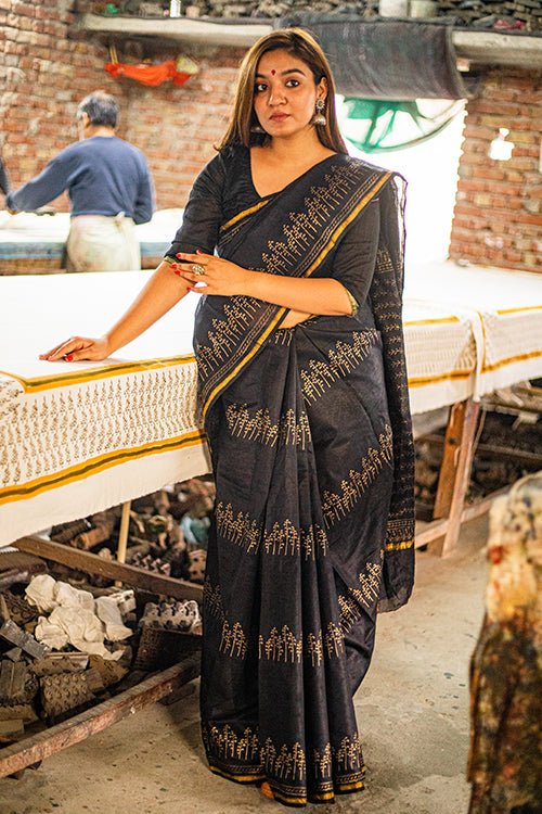 Hand Block Printed Chanderi SIlk Saree - SootiSyahi