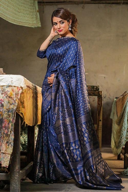 Handblock Print Chanderi Silk Saree - SootiSyahi