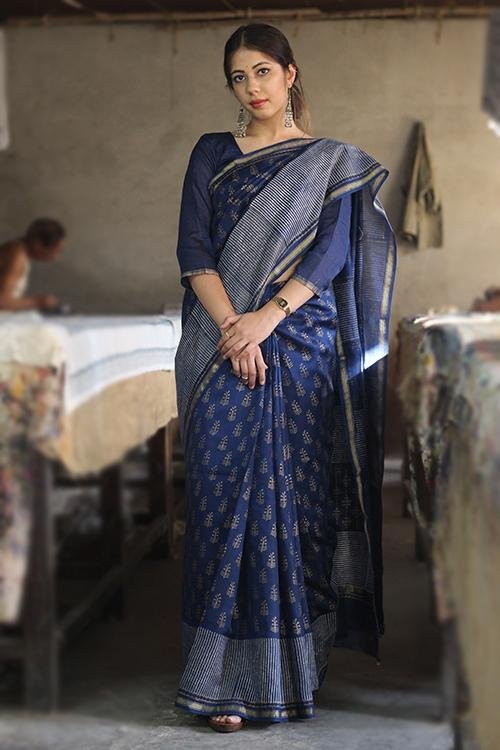 Handblock Print Chanderi Silk Saree - SootiSyahi