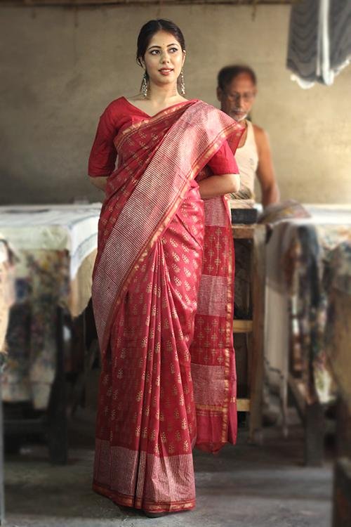 Handblock Print Chanderi Silk Saree - SootiSyahi