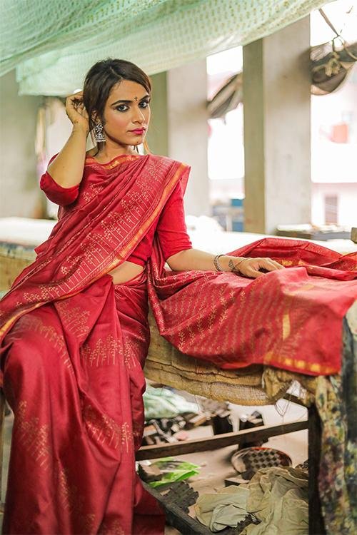 Handblock Print Chanderi Silk Saree - SootiSyahi