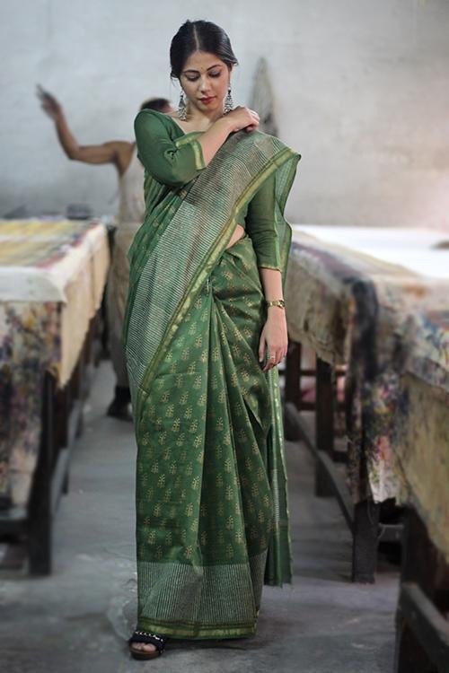 Handblock Print Chanderi Silk Saree - SootiSyahi