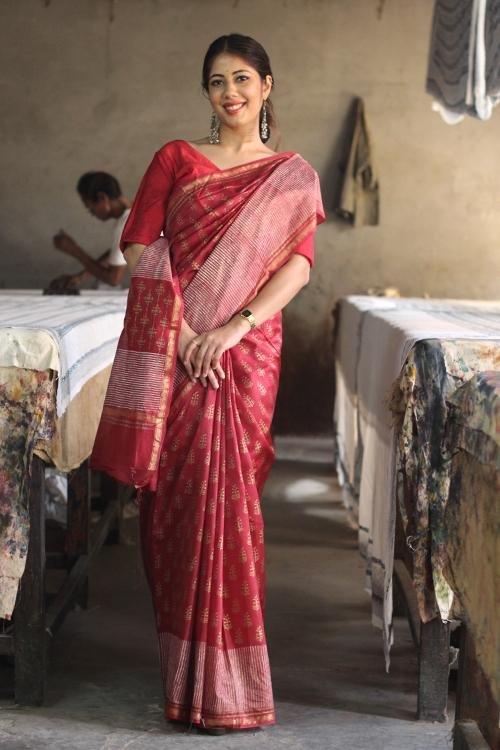 Handblock Print Chanderi Silk Saree - SootiSyahi