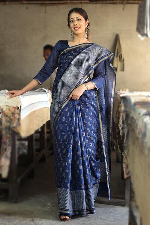 Handblock Print Chanderi Silk Saree - SootiSyahi