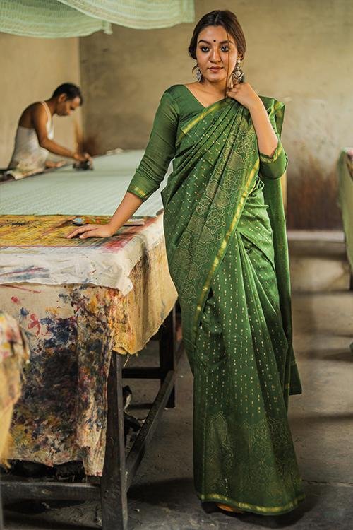 Handblock Print Chanderi Silk Saree - SootiSyahi