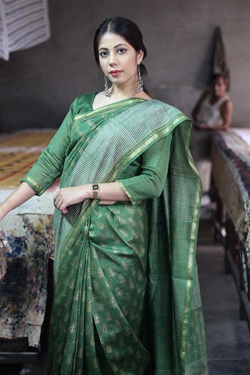 Handblock Print Chanderi Silk Saree - SootiSyahi